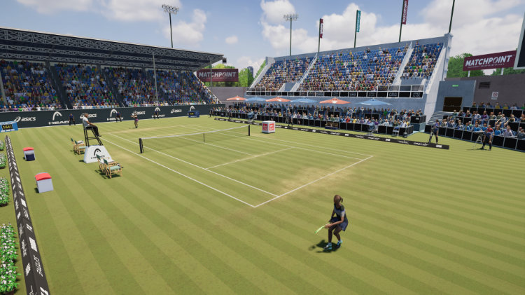 Matchpoint - Tennis Championships in-game screenshot showing an outdoor grass court