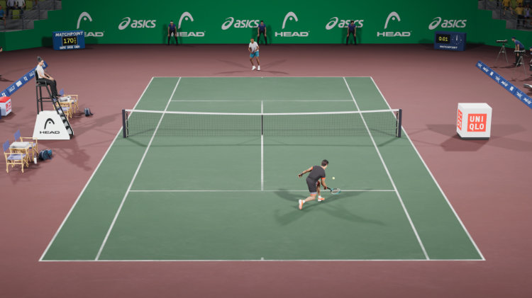 Matchpoint - Tennis Championships in-game screenshot showing a player on a sand court